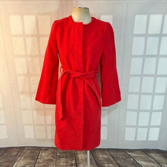 Banana Republic NWT Coral Red Tweed Textured Belted Fringe Light Coat Size XS - Picture 1 of 10